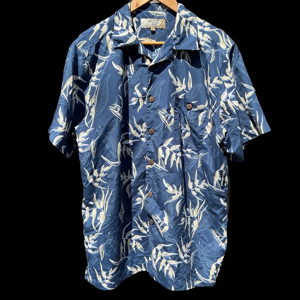 High Surf Mens Blue & White Tropical Short Sleeve Button Down Shirt Size XL